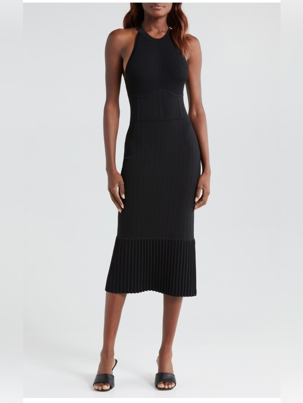 L'AGENCE Black Ribbed Midi Skirt with Pleated Hem